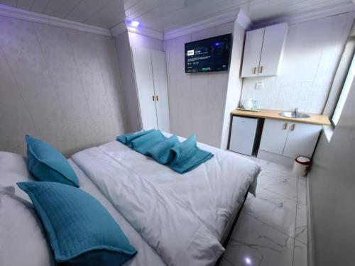 a bedroom with a bed with blue pillows on it at Essential Lodge23 in Cape Town