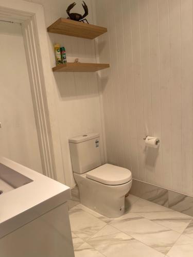 a white bathroom with a toilet and a sink at sea forever in Port Vincent