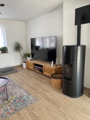 un salon avec une cheminée et une télévision dans l'établissement Maison 2 chambres Cavaignac, à Calais