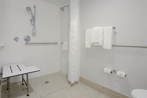 a white bathroom with a shower and a sink at Holiday Inn Express Nashville Airport by IHG in Nashville