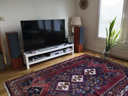 a living room with a flat screen tv and a rug at Coolt Oxie in Oxie