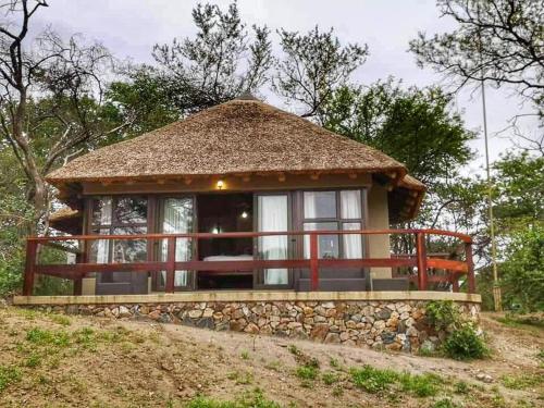 uma pequena casa com telhado de palha numa colina em Selwane Nature Reserve em Gravelotte