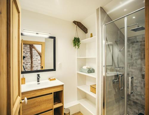 a bathroom with a sink and a shower at Coeur de Rêve - 5min hypercentre in Troyes