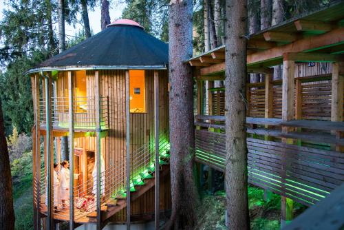 una casa en un bosque con una mujer en ella en Appartement Inntalblick, en Pill