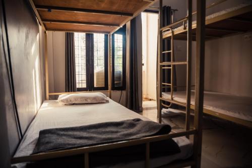 Zimmer mit 2 Etagenbetten und einem Fenster in der Unterkunft OLT HOSTEL in Rishikesh