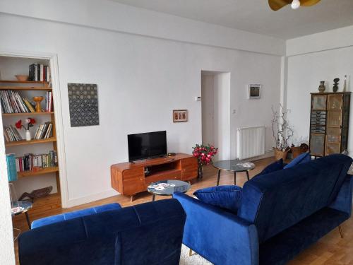 un salon avec deux chaises bleues et une télévision dans l'établissement A la fontaine Saint-Blaise, à Bagnères-de-Bigorre