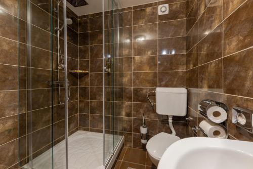 a bathroom with a toilet and a glass shower at Aparthotel Plat in Kožino