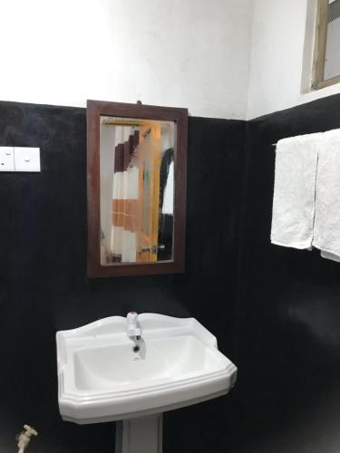 W łazience znajduje się biała umywalka i lustro. w obiekcie Ella Jungle Inn w mieście Ella