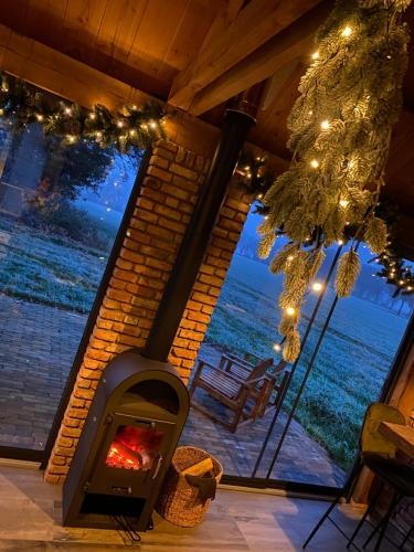 a fireplace in a living room with a view of the ocean at Domestico Bed & Breakfast in Lage Mierde