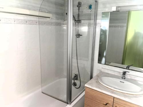 une salle de bain avec douche et lavabo dans l'établissement Le Petit Bargeouri - Face mer avec piscine, à Les Sables-dʼOlonne