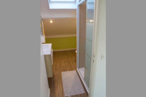 a bathroom with a shower and a sink in a room at 3 min sortie A480: wifi fibre - lit bébé - balcon in Grenoble