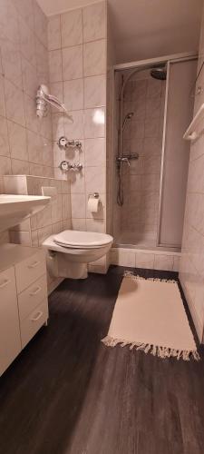 ein Badezimmer mit Dusche, Toilette und Waschbecken in der Unterkunft Anna Altreichenau in Neureichenau
