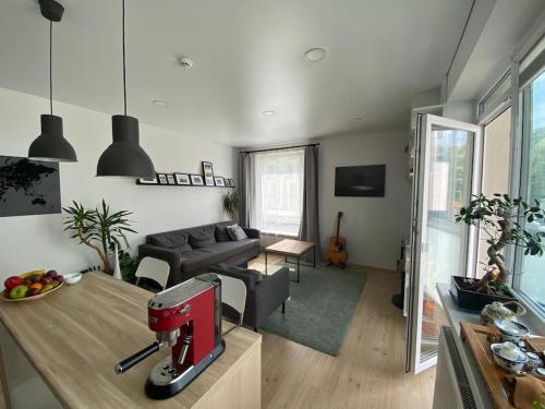 cocina y sala de estar con un aparato rojo en la encimera en City Park Apartment en Vilna