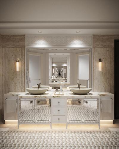 a bathroom with two sinks and a large mirror at Jumeirah Dar Al Masyaf Dubai in Dubai