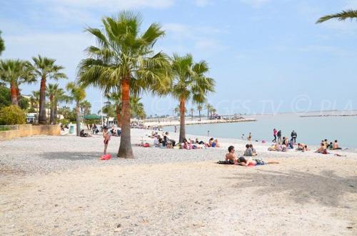 un groupe de personnes sur une plage avec des palmiers dans l'établissement STUDIO CLIMATISE Le Flot Bleu proche Plages, aéroport, Centre formations, Cap 3000, CERFPA, à Saint-Laurent-du-Var