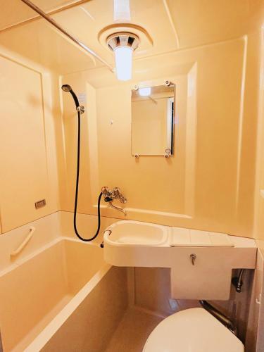 a bathroom with a sink and a toilet and a mirror at Kokoro no sato・Ren in Kyoto