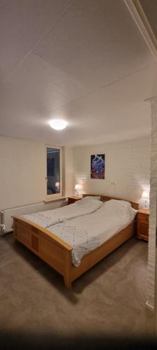 een groot bed in een kamer met 2 ramen bij Vakantiehuis Zuiderveld in Geesbrug