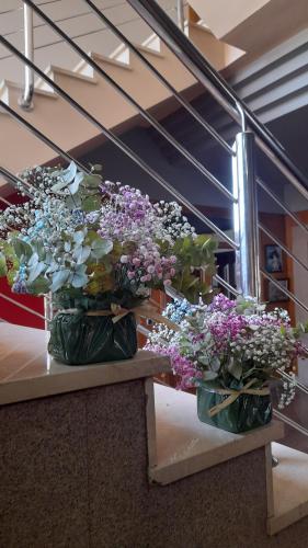 two vases filled with flowers sitting on a table at Hotel Las Moreras in León