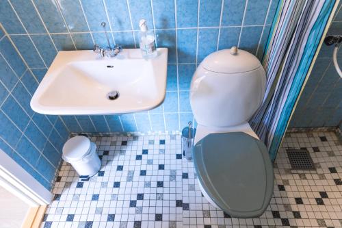 a bathroom with a toilet and a sink at Drømmehus Ferienwohnungen in Nørre Nebel