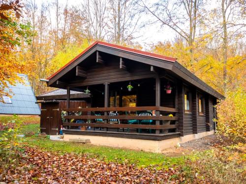 a small building with a porch in the grass at Chalet Haus 57 Wald Eck by Interhome in Bad Arolsen