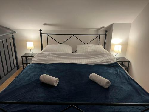 1 dormitorio con 1 cama grande y 2 almohadas en Mini house, en Solec-Zdrój