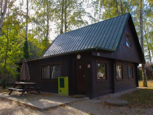 a black cabin with a picnic table in front of it at Holiday Home Kemp Stříbrný rybník-14 by Interhome in Hradec Králové