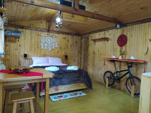 1 dormitorio con 1 cama y 1 bicicleta en una habitación en Rancho Toa-toa próximo a Gonçalves MG, en Sapucaí-Mirim