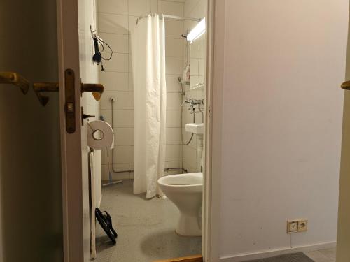 a bathroom with a toilet and a sink at Nest Hostel in Turku