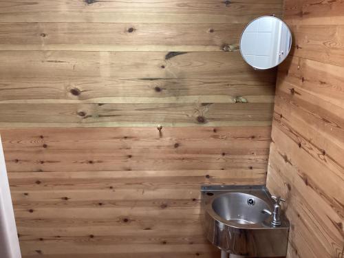 a bathroom with a sink and a mirror at Cabin 4 in Kent