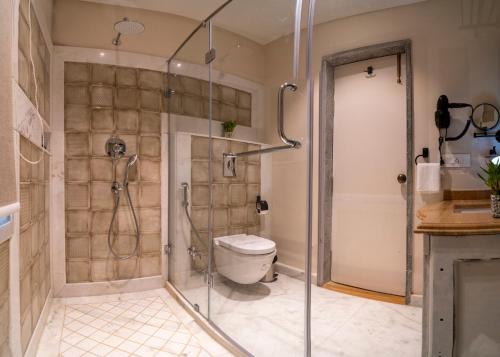 a bathroom with a shower and a toilet at Khamma Ghani A Boutique Hotel in Udaipur