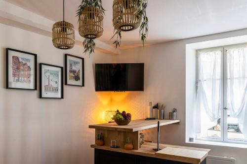 Una sala de estar con un televisor de pantalla plana en la pared. en L'Odyssée - parking privé - centre ville, en Troyes