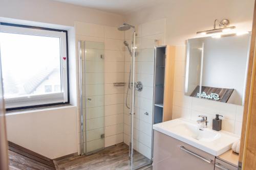 uma casa de banho com um lavatório e um chuveiro em apartHAUS em Haus im Ennstal