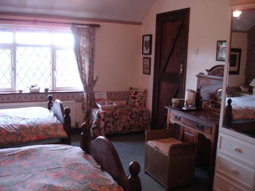 a bedroom with two beds and a chair and a window at Five Saints Farmhouse B&B in Pumpsaint