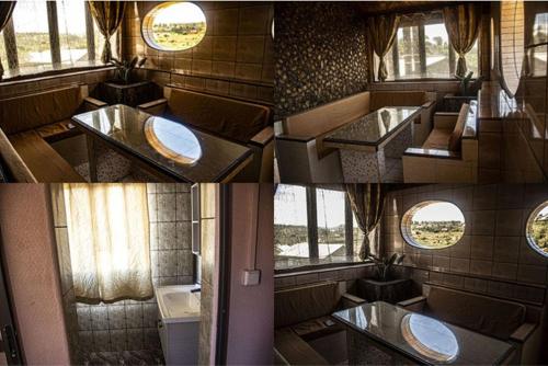 eine Collage mit drei Bildern eines Badezimmers in der Unterkunft Hôtel restaurant le MIAMIAM GLOUGLOU in Ambositra
