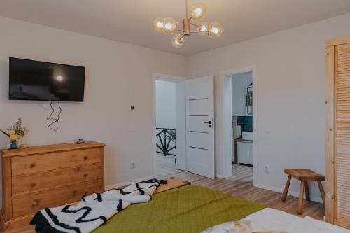 a bedroom with a bed and a tv on the wall at IoanaGuestHouse in Turda