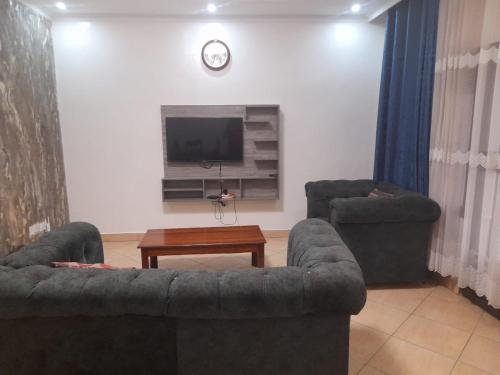 a living room with two couches and a tv at Freedom Homes Kigali in Kigali