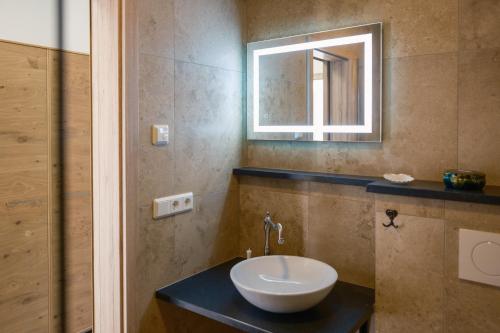 uma casa de banho com um lavatório e um espelho em Pension Haus am Picho em Arnsdorf