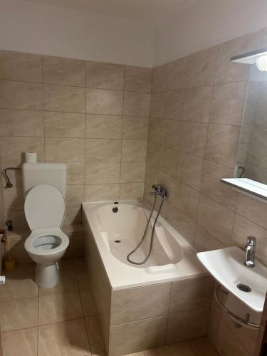 a bathroom with a toilet and a tub and a sink at Capone in Satu Mare