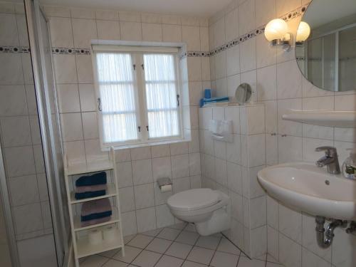 a bathroom with a toilet and a sink and a window at Ferienhaus Zur Alten Post 1 in Ockholm