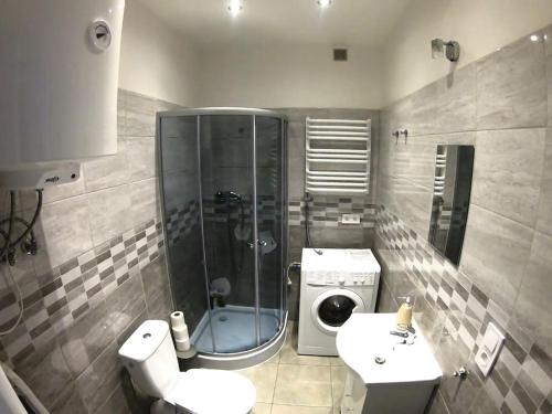 a bathroom with a shower sink and a washing machine at Studio near Old Town in Krakow