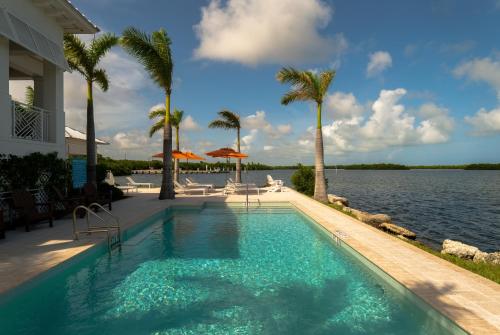 a swimming pool next to the water with palm trees at Hideaway - 3br-2,5ba in Key Largo