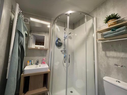 a bathroom with a shower and a sink at Holiday Home Alex by Interhome in Wemding