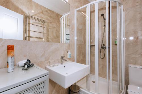 een badkamer met een wastafel en een douche bij Smart Apart in Vinnytsya