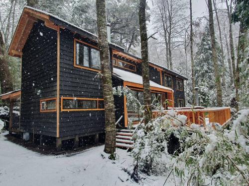 a log cabin in the woods in the snow at Espectacular y Amplia Casa en Reserva Huilo Huilo in Huilo Huilo