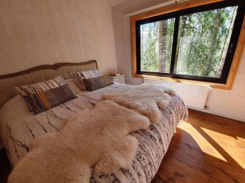 Un dormitorio con una cama grande con una alfombra grande. en Espectacular y Amplia Casa en Reserva Huilo Huilo en 