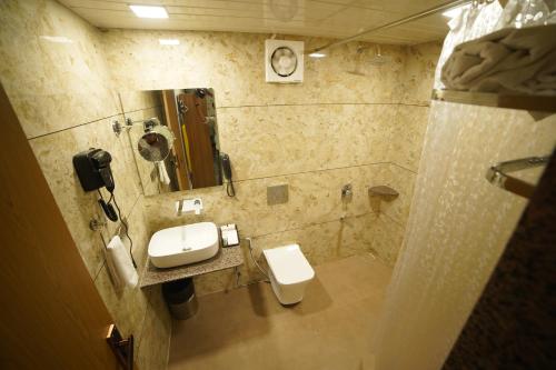 a bathroom with a toilet and a sink and a phone at SKD RESORT AND CLUB in Barvāla