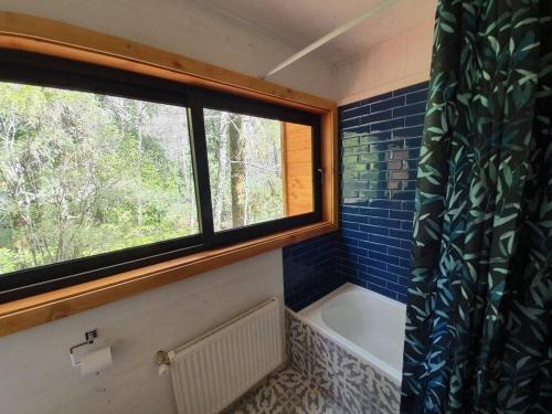 y baño con bañera, ventana y ducha. en Espectacular y Amplia Casa en Reserva Huilo Huilo en 