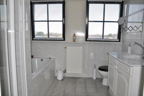 een witte badkamer met een toilet en een wastafel bij Buitenplaats 90 in Callantsoog
