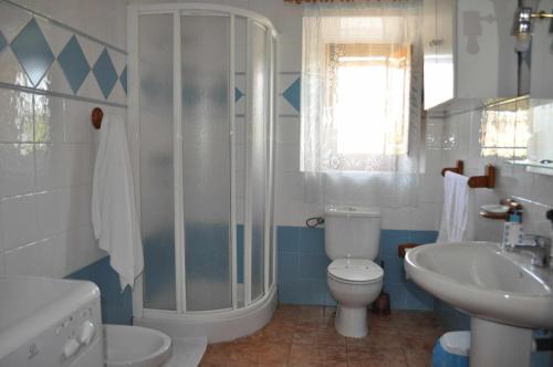 a bathroom with a shower and a toilet and a sink at Casa rural El Salero Piscina campo de fútbol y voley chimenea barbacoa in Moratalla