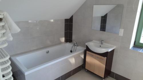 a bathroom with a sink and a bath tub and a sink at Dom w Szkotowie in Januszkowo